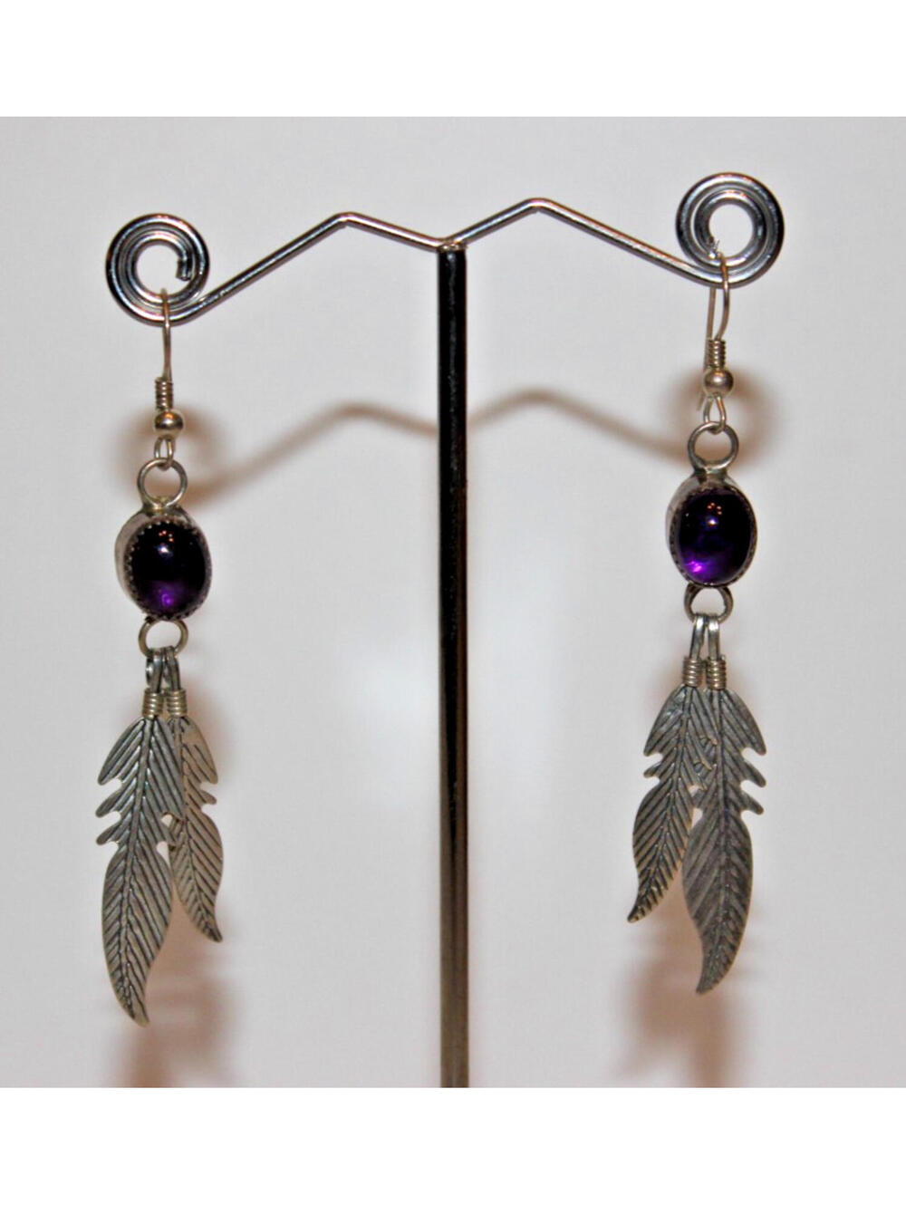 Vintage EDE 925 Sterling Silver Amethyst Feather Dangle Earrings 2.5" Long
